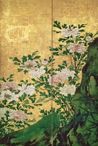 花の詳細（インク、色、紙の上の金）